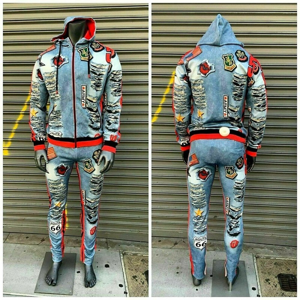 Men's Mid Blue Bleached | Torn Fashion Tracksuit